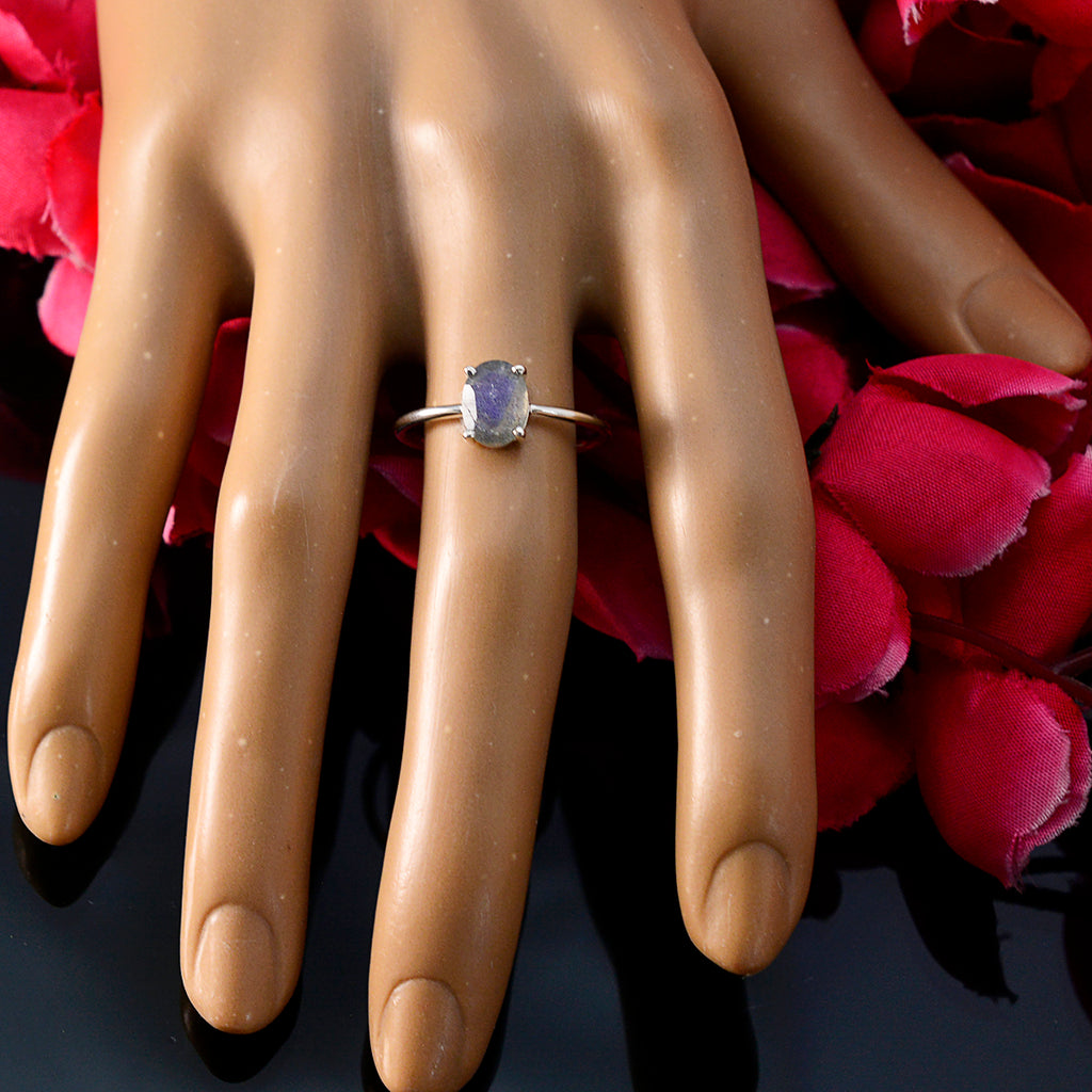 Labradorite Solitaire Korean Sterling Silver Gray Gemstone Elegant  Graceful Ring Jewelry