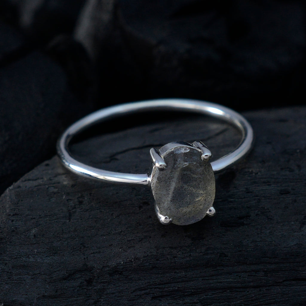 Labradorite Solitaire Korean Sterling Silver Gray Gemstone Elegant  Graceful Ring Jewelry