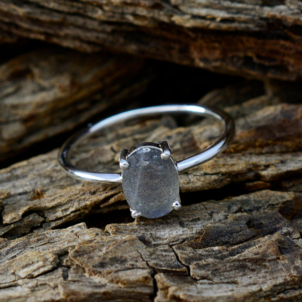 Labradorite Solitaire Korean Sterling Silver Gray Gemstone Elegant  Graceful Ring Jewelry