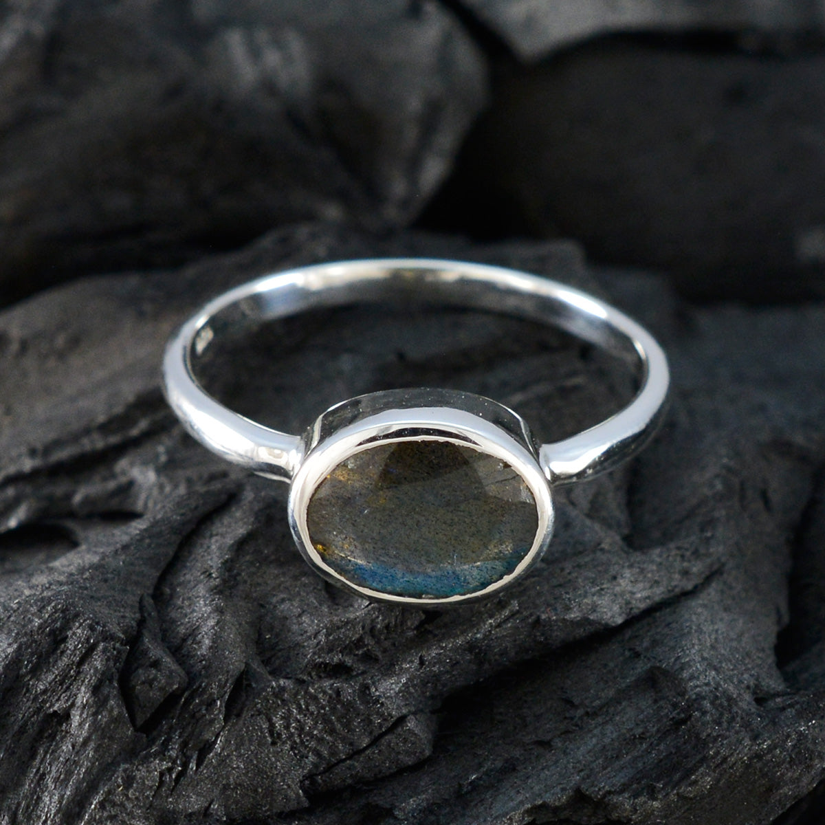 Labradorite Solitaire Korean Sterling Silver Gray Gemstones Dainty Modern Ring Jewellery