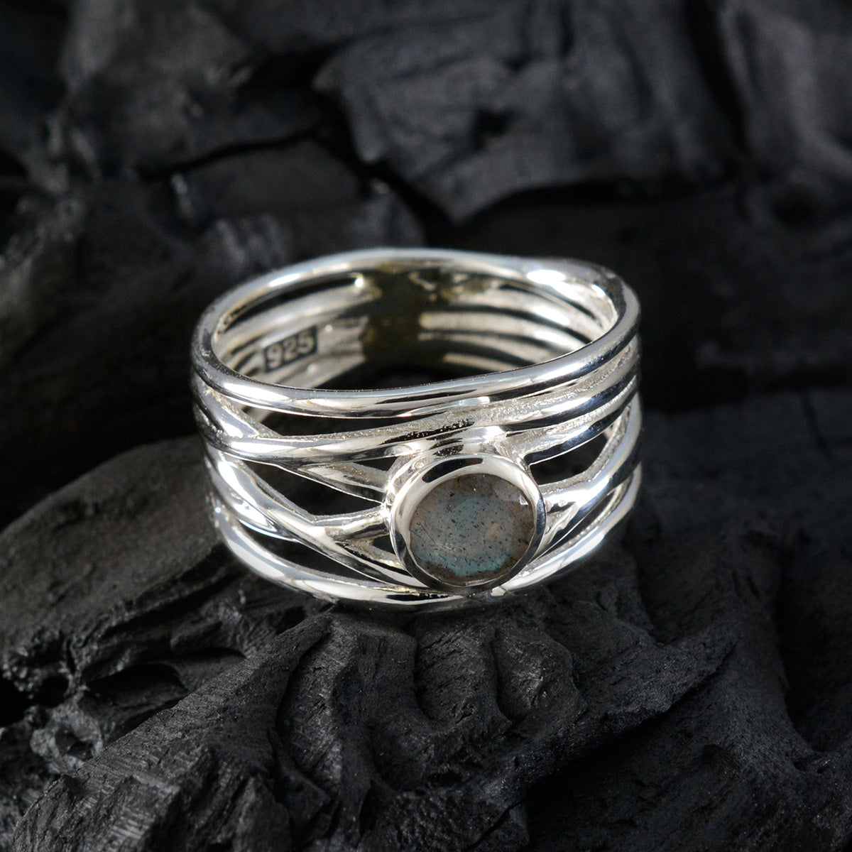 Labradorite Solitaire Italian 92.5 Silver Gray Gems Eye catching Rope Wire Band Jewellery