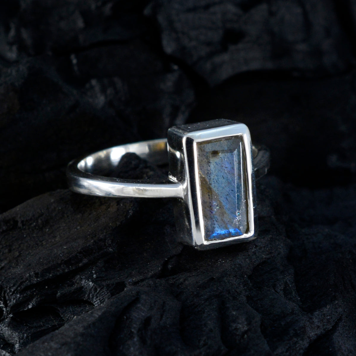 Labradorite Solitaire French 925 Silver Gray Gems Slim Abstract Ring Jewellery