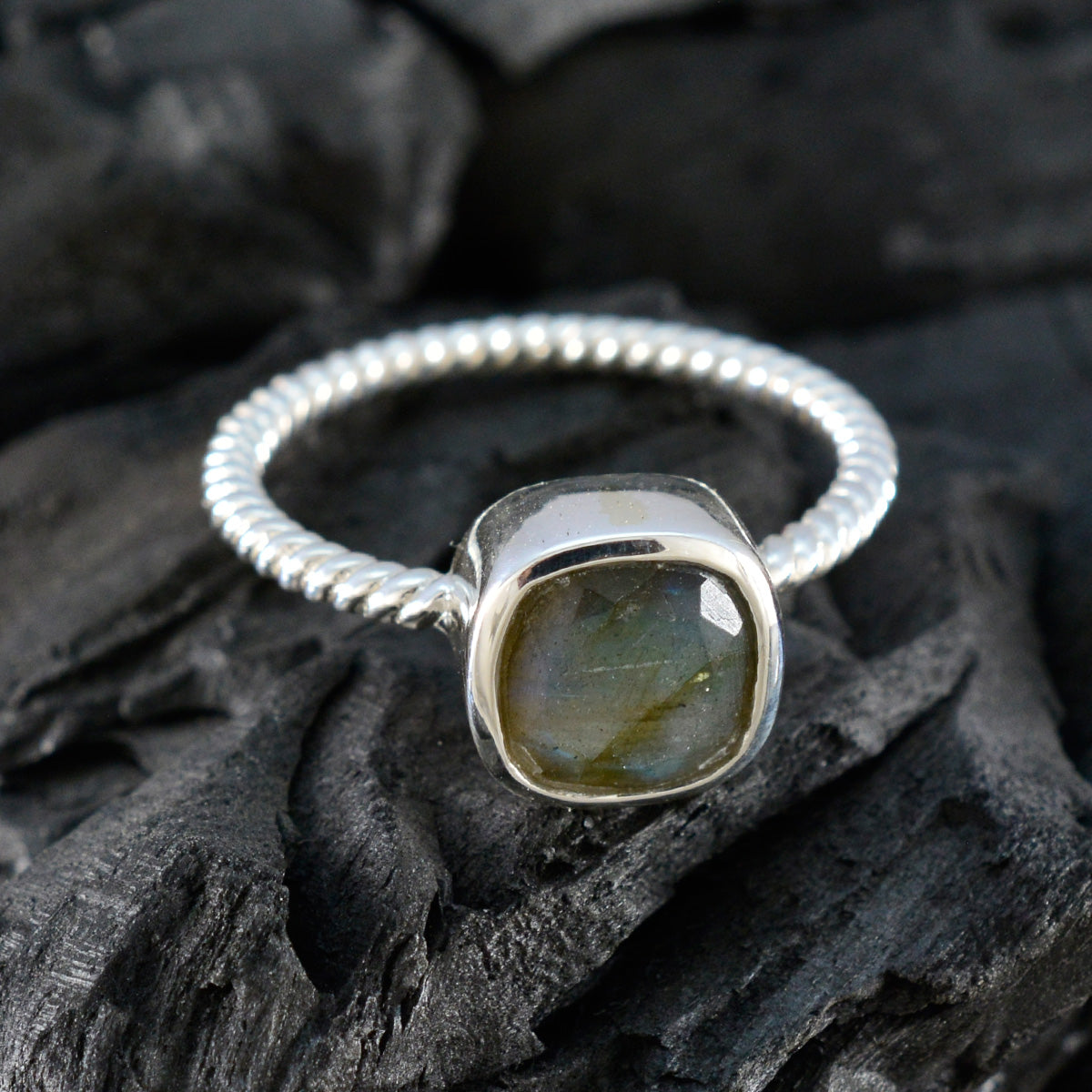 Labradorite Solitaire Korean 925 Silver Gray Gemstones Dainty Contemporary Ring Jewelry