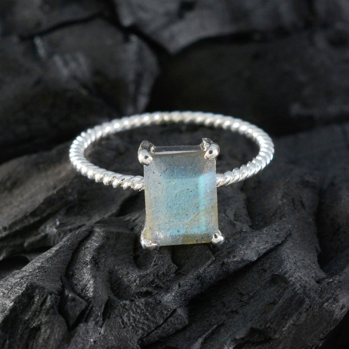 Labradorite Solitaire American 925 Sterling Silver Gray Gemstones Delicate Twist Ring Jewelry