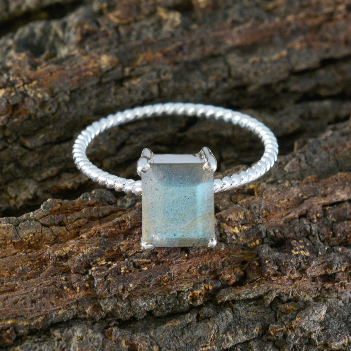 Labradorite Solitaire American 925 Sterling Silver Gray Gemstones Delicate Twist Ring Jewelry