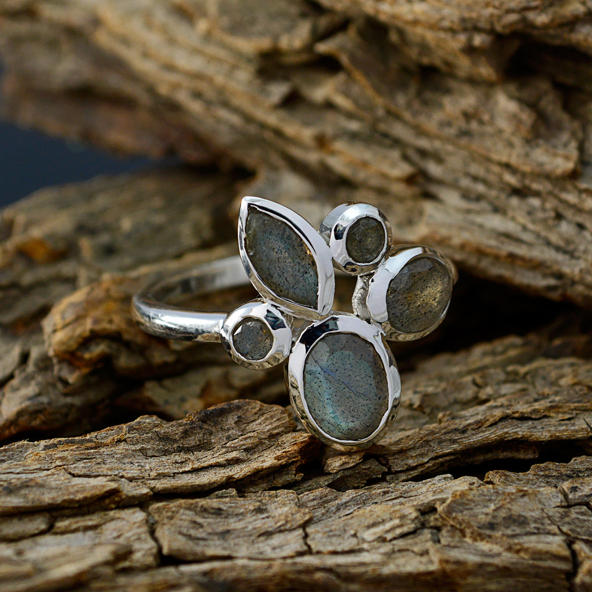 Labradorite Penta Russian 925 Sterling Silver Gray Gemstones Minimal Boho Ring Jewellery