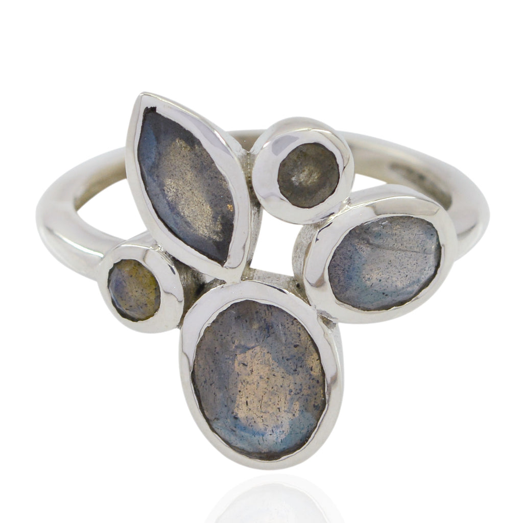Labradorite Penta Russian 925 Sterling Silver Gray Gemstones Minimal Boho Ring Jewellery