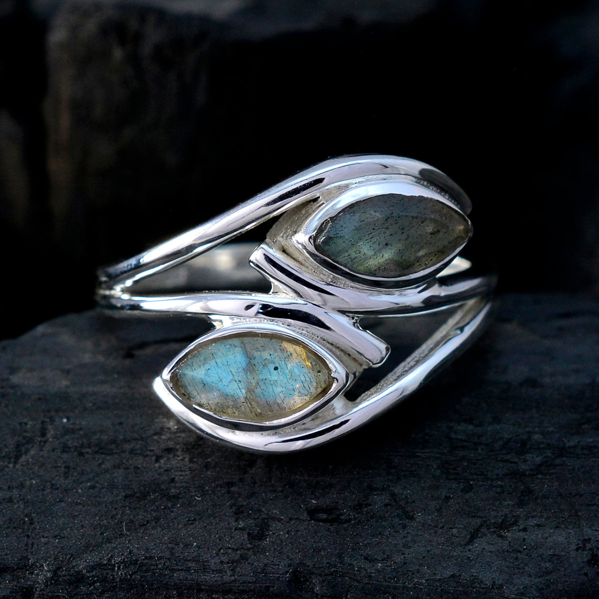 Labradorite Toi et Moi German 925 Sterling Silver Gray Gems Slim Abstract Ring Jewelry