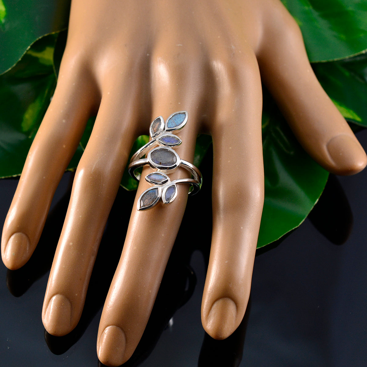 Labradorite Hepta Russian 925 Sterling Silver Gray Gemstones Mid weight Leafy Ring Jewellery