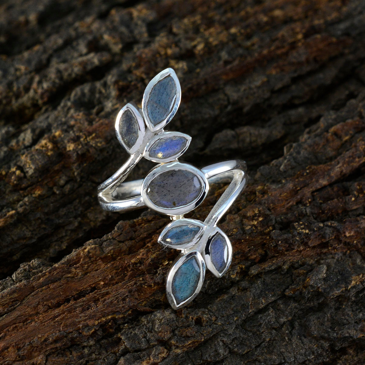 Labradorite Hepta Russian 925 Sterling Silver Gray Gemstones Mid weight Leafy Ring Jewellery