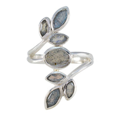 Labradorite Hepta Russian 925 Sterling Silver Gray Gemstones Mid weight Leafy Ring Jewellery