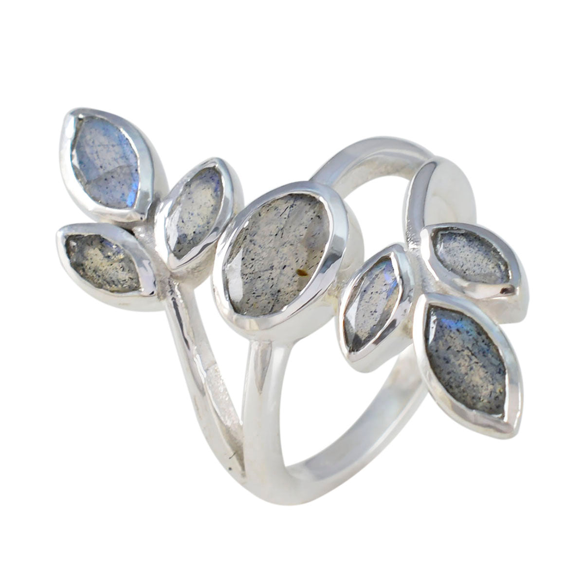 Labradorite Hepta Russian 925 Sterling Silver Gray Gemstones Mid weight Leafy Ring Jewellery