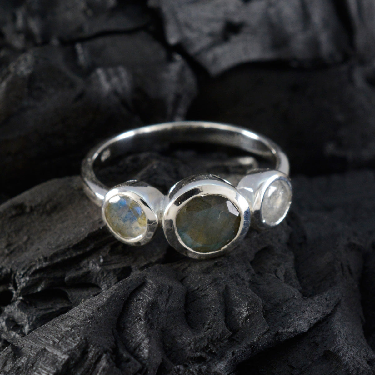 Labradorite Trilogy Turkish 92.5 Silver Gray Gemstone Whisper thin Trendy Ring Jewelry