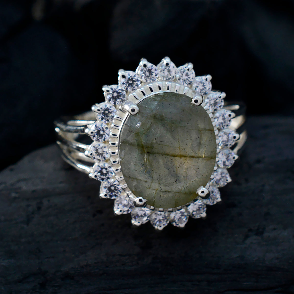 Labradorite Halo German 92.5 Silver Gray Gemstones Classic Signet Ring Jewellery