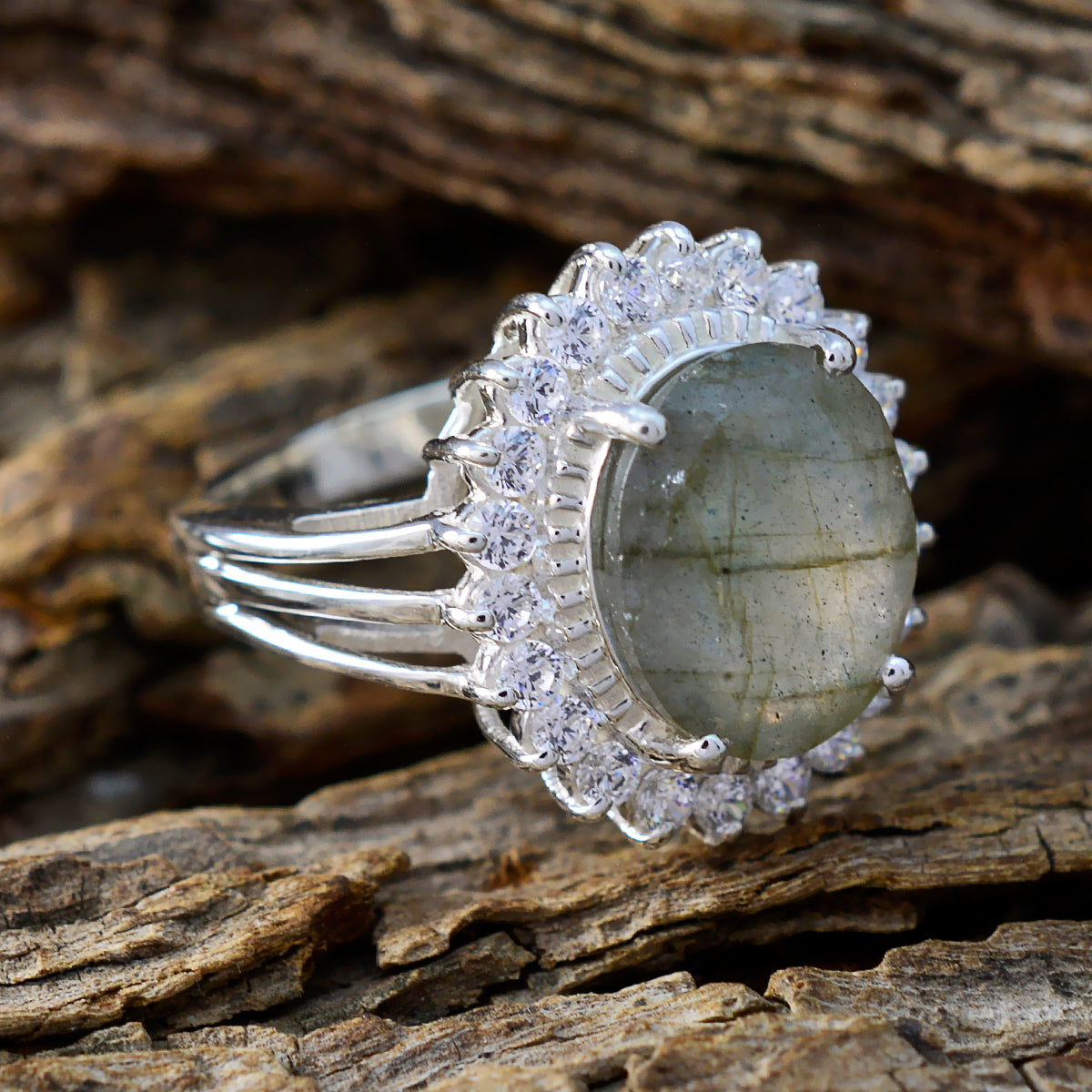 Labradorite Halo German 92.5 Silver Gray Gemstones Classic Signet Ring Jewellery