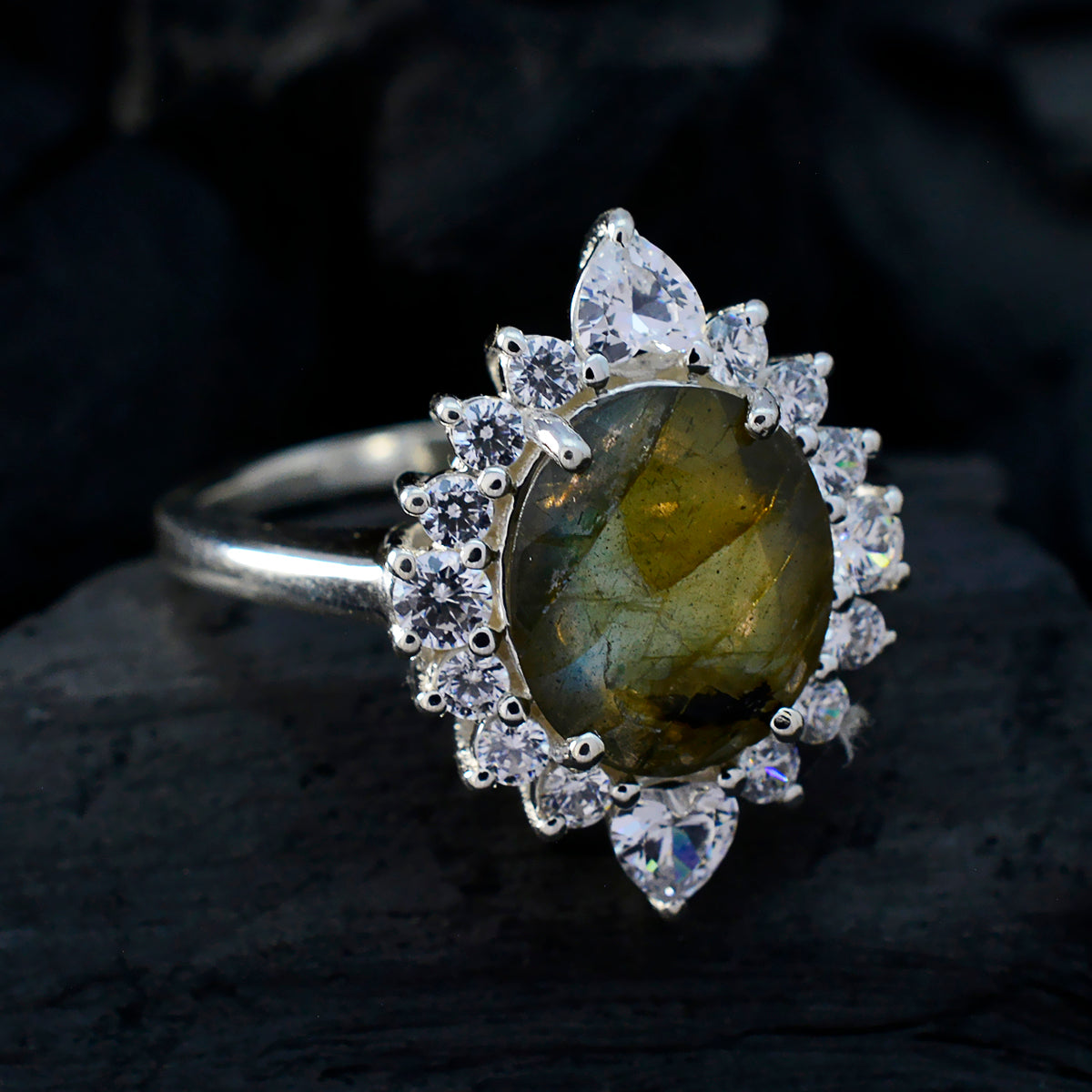 Labradorite Halo Russian Silver Gray Gemstones Eye catching Trendy Ring Jewellery
