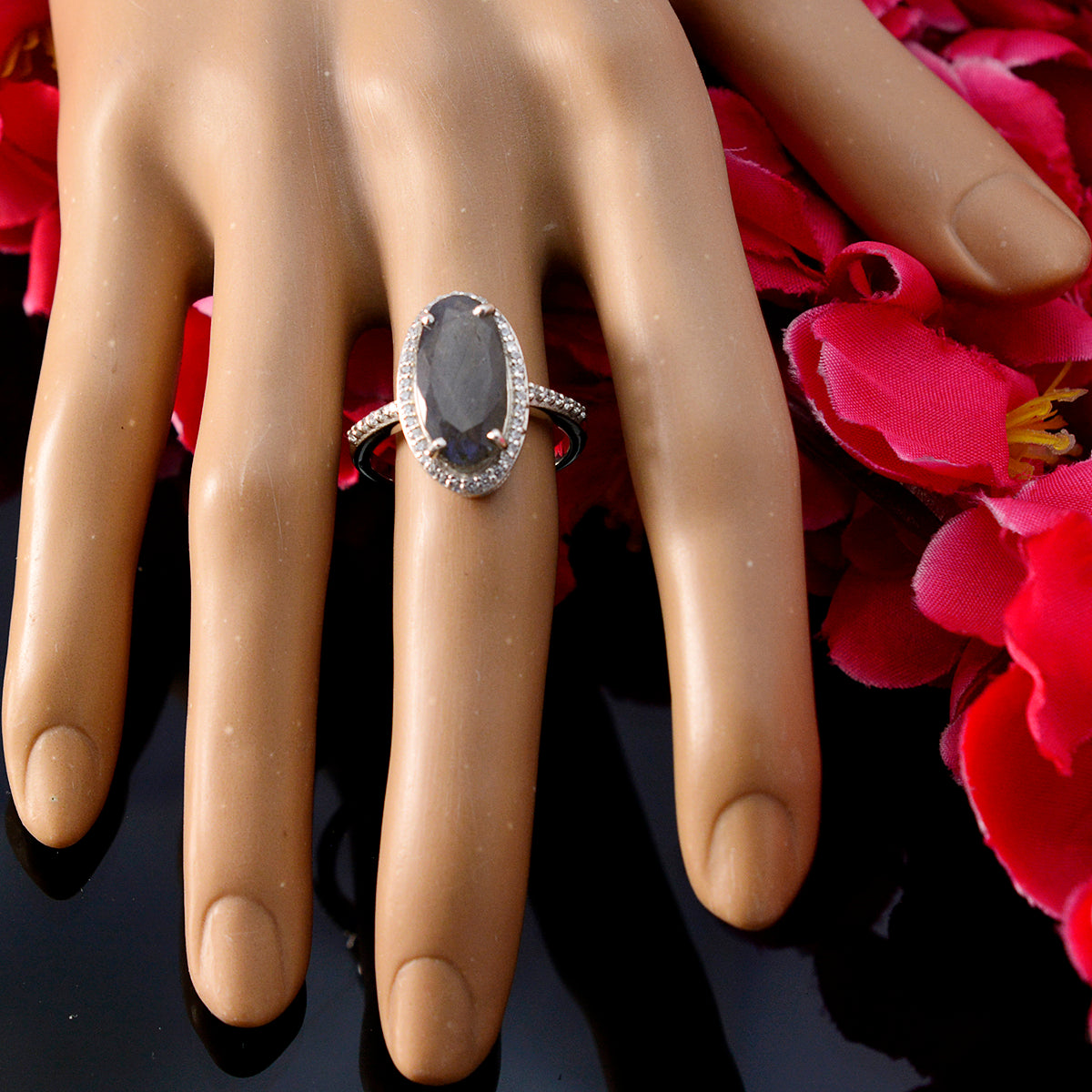 Labradorite Halo African Sterling Silver Gray Gemstones Tiny Modern Ring Jewelry