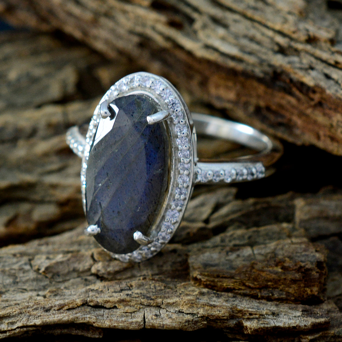 Labradorite Halo African Sterling Silver Gray Gemstones Tiny Modern Ring Jewelry