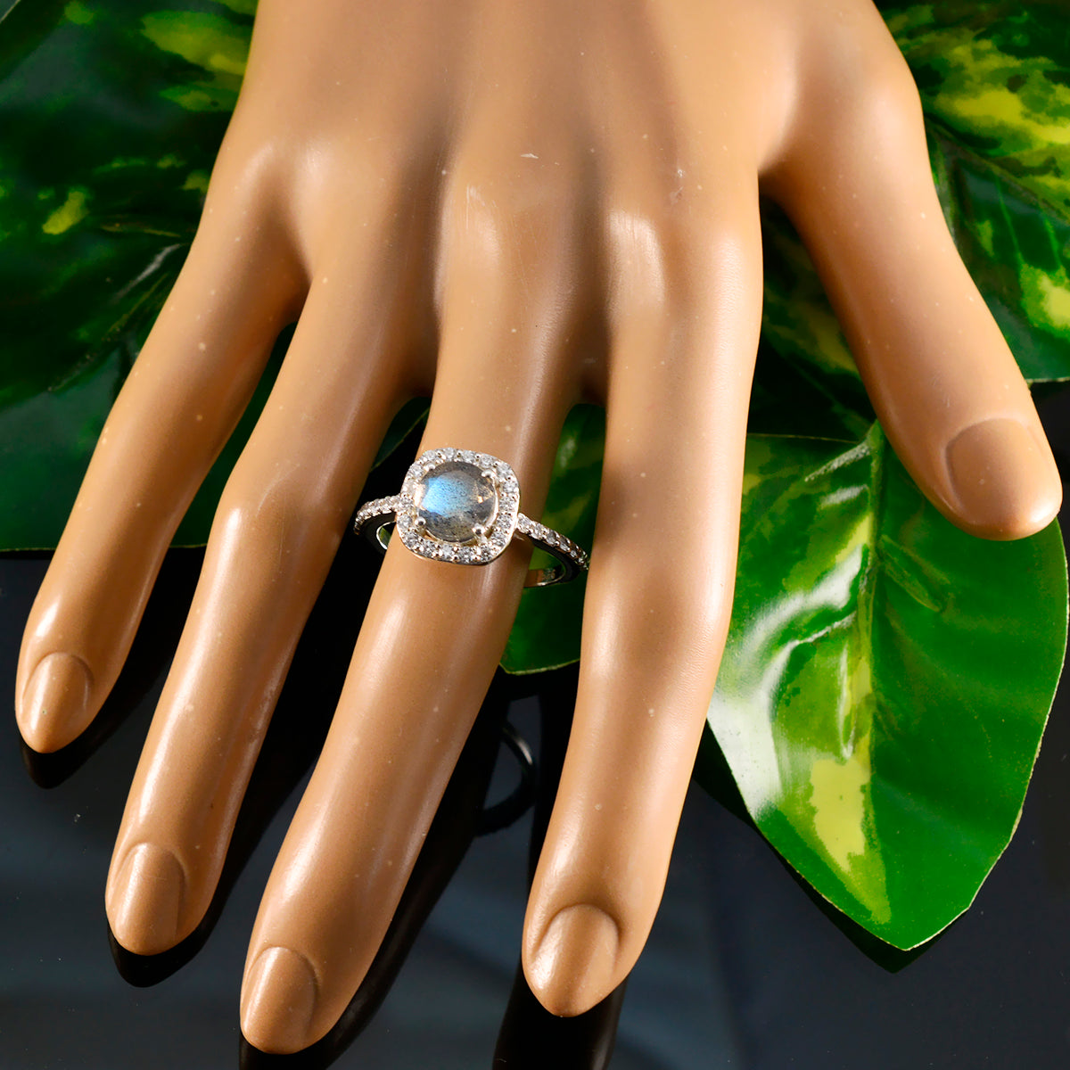 Labradorite Halo Russian Sterling Silver Gray Gems Slim Feminine Ring Jewelry