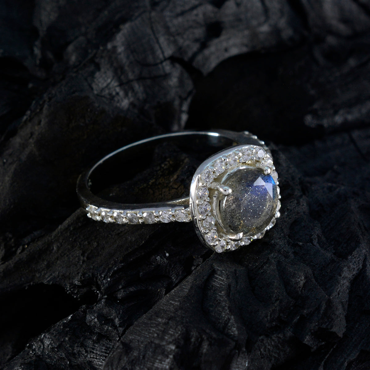 Labradorite Halo Russian Sterling Silver Gray Gems Slim Feminine Ring Jewelry