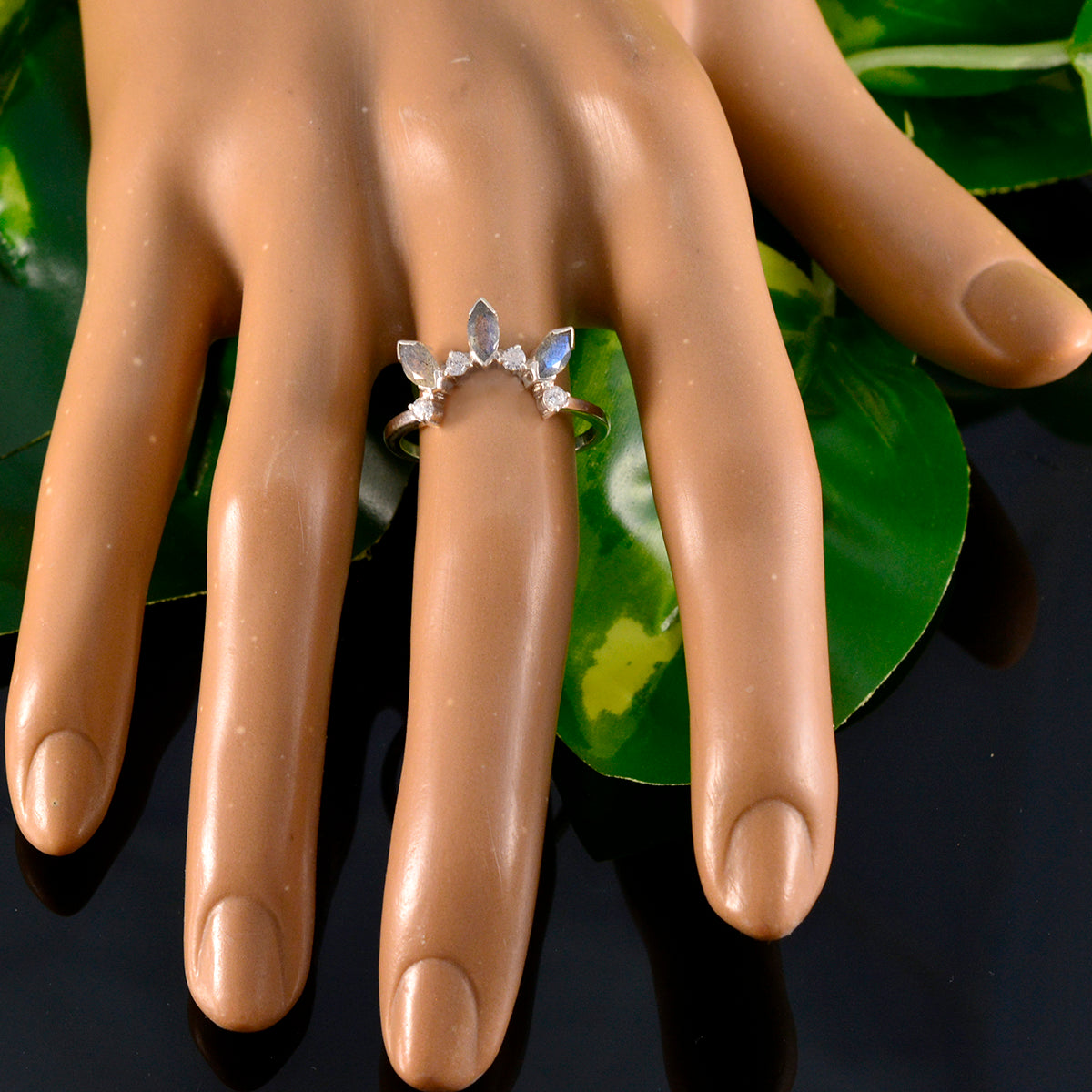 Labradorite multiple Korean 925 Sterling Silver Gray Gemstone Delicate crown Ring Jewelry