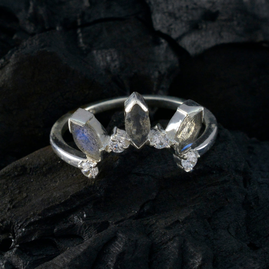 Labradorite multiple Korean 925 Sterling Silver Gray Gemstone Delicate crown Ring Jewelry
