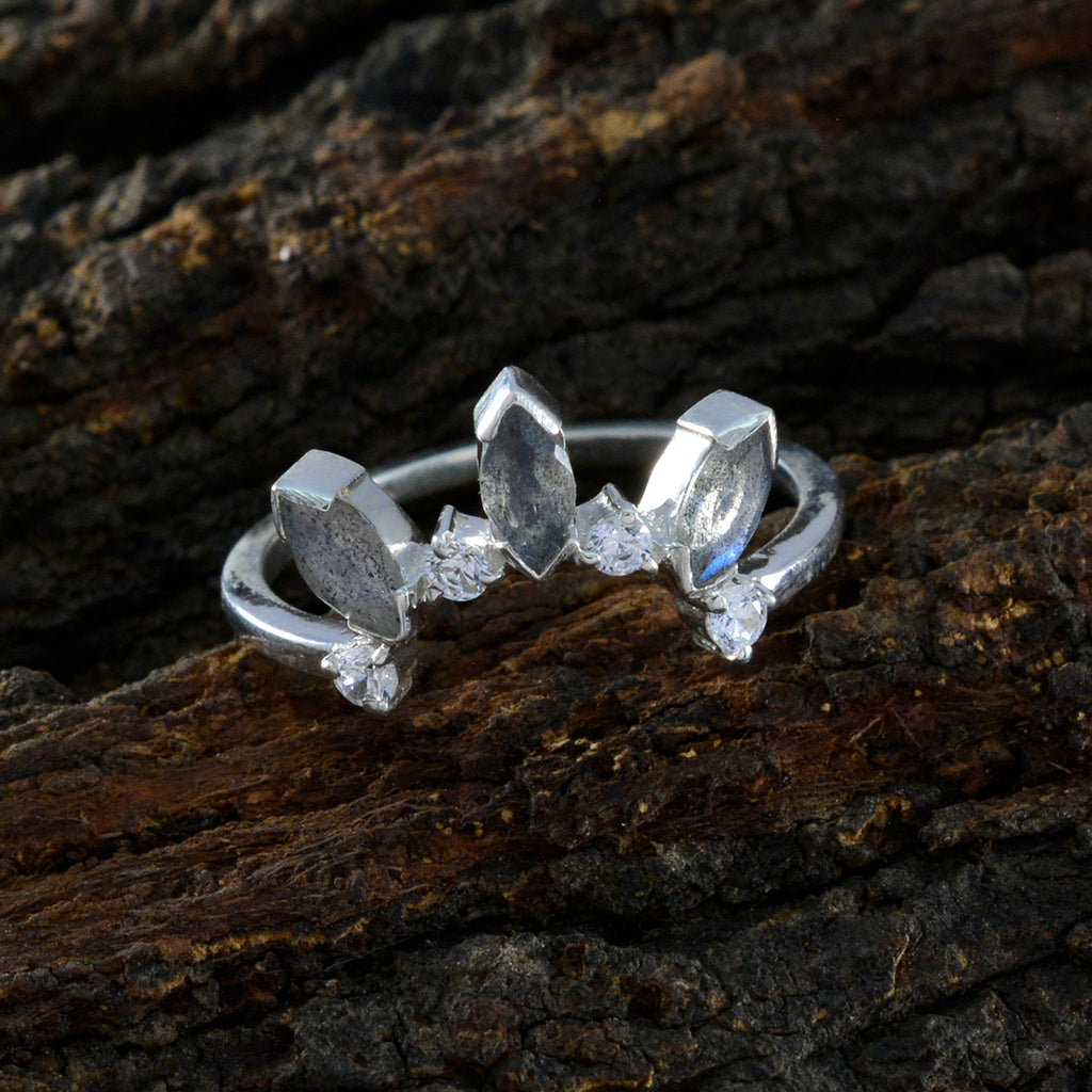 Labradorite multiple Korean 925 Sterling Silver Gray Gemstone Delicate crown Ring Jewelry