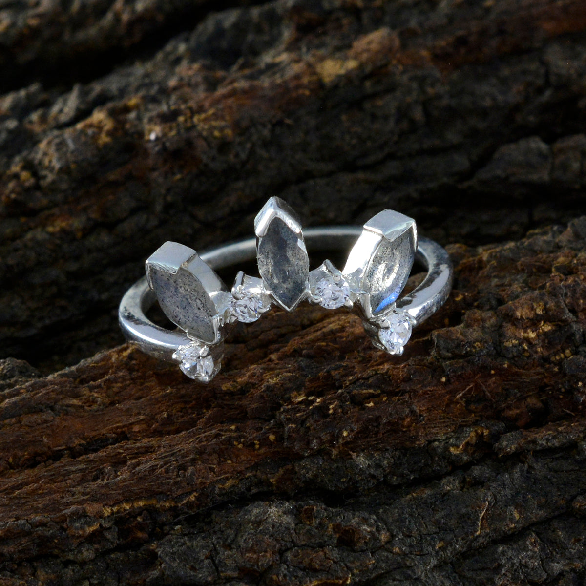 Labradorite multiple Korean 925 Sterling Silver Gray Gemstone Delicate crown Ring Jewelry