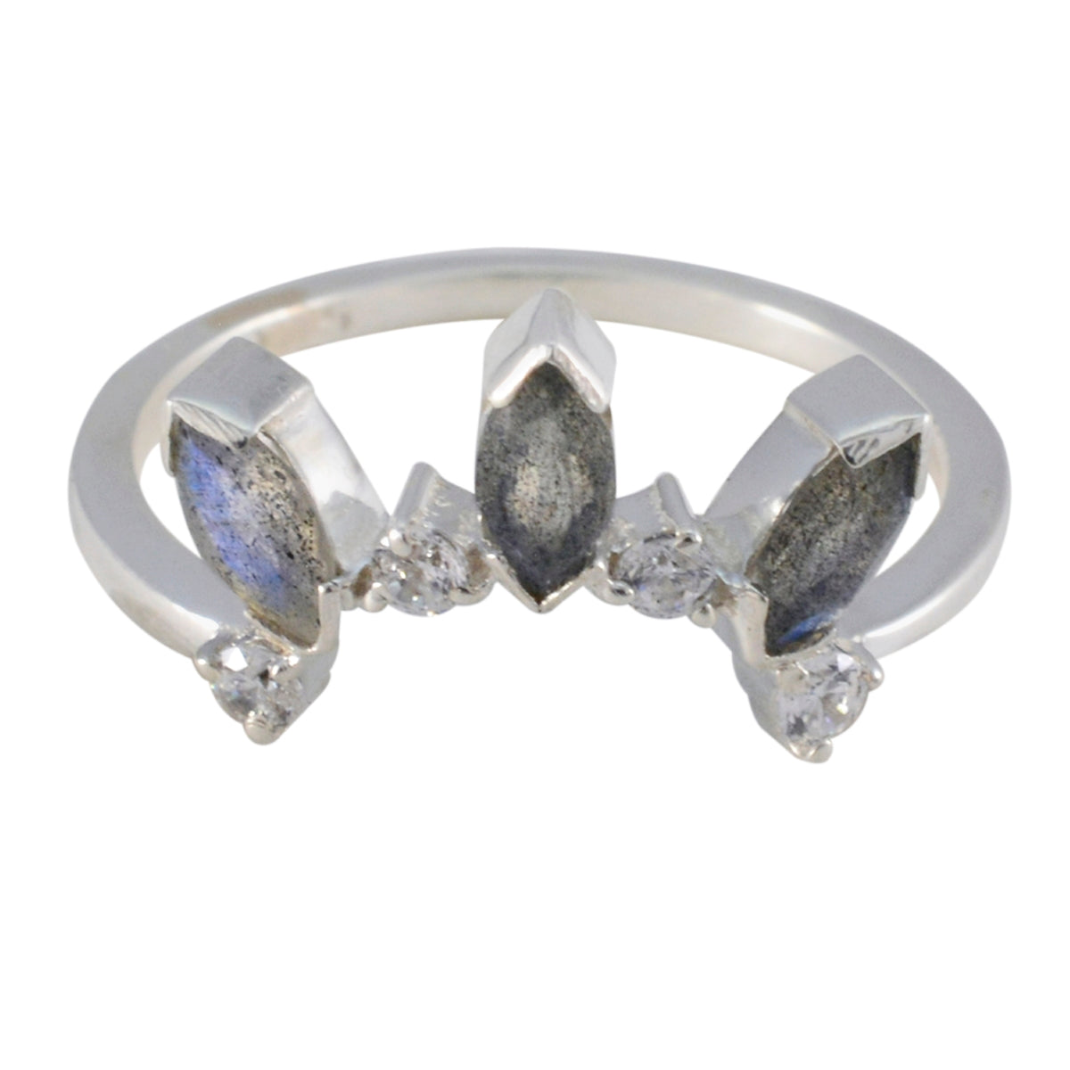 Labradorite multiple Korean 925 Sterling Silver Gray Gemstone Delicate crown Ring Jewelry