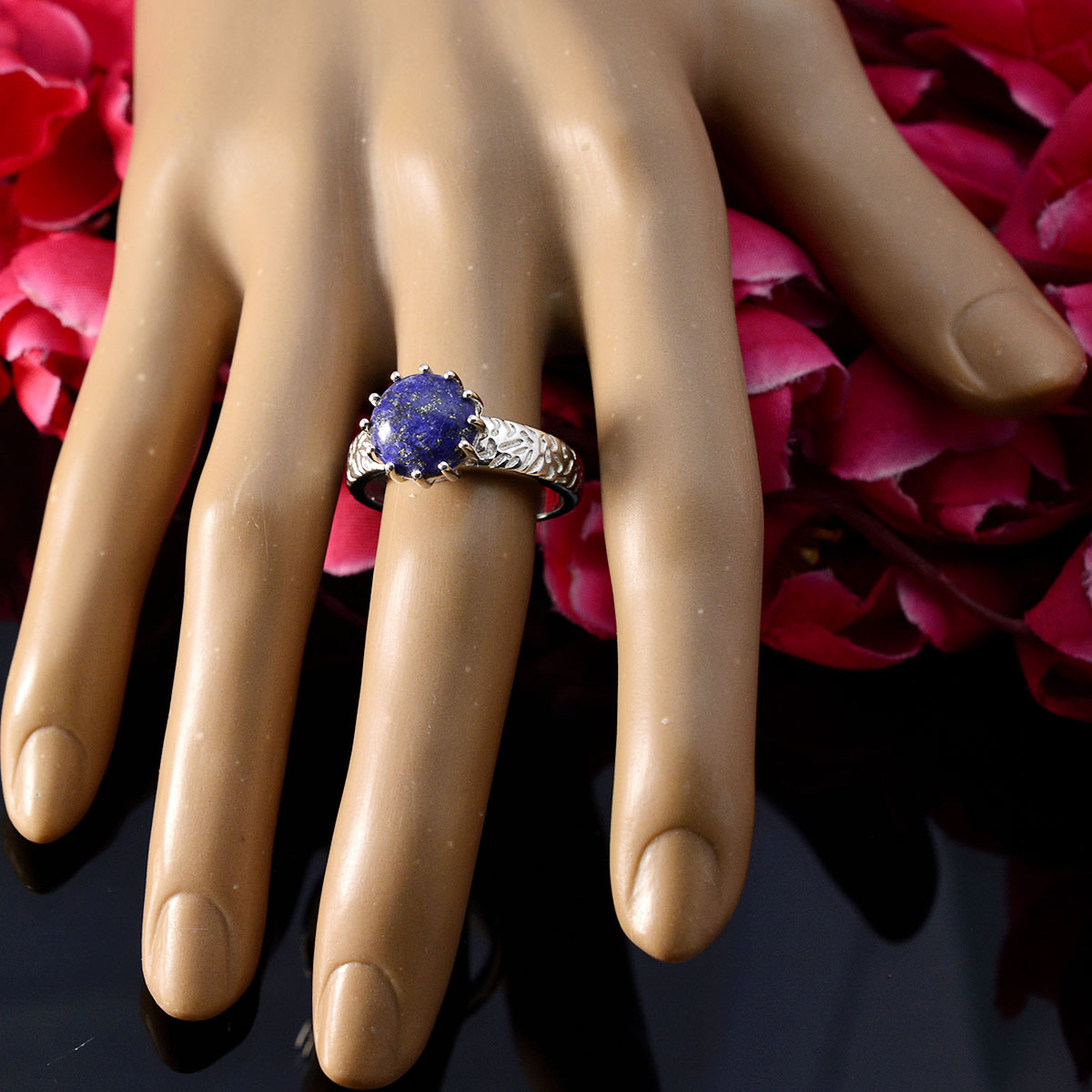 Lapis Lazuli Solitaire French 92.5 Silver Blue Gems Classic Graceful Ring Jewelry