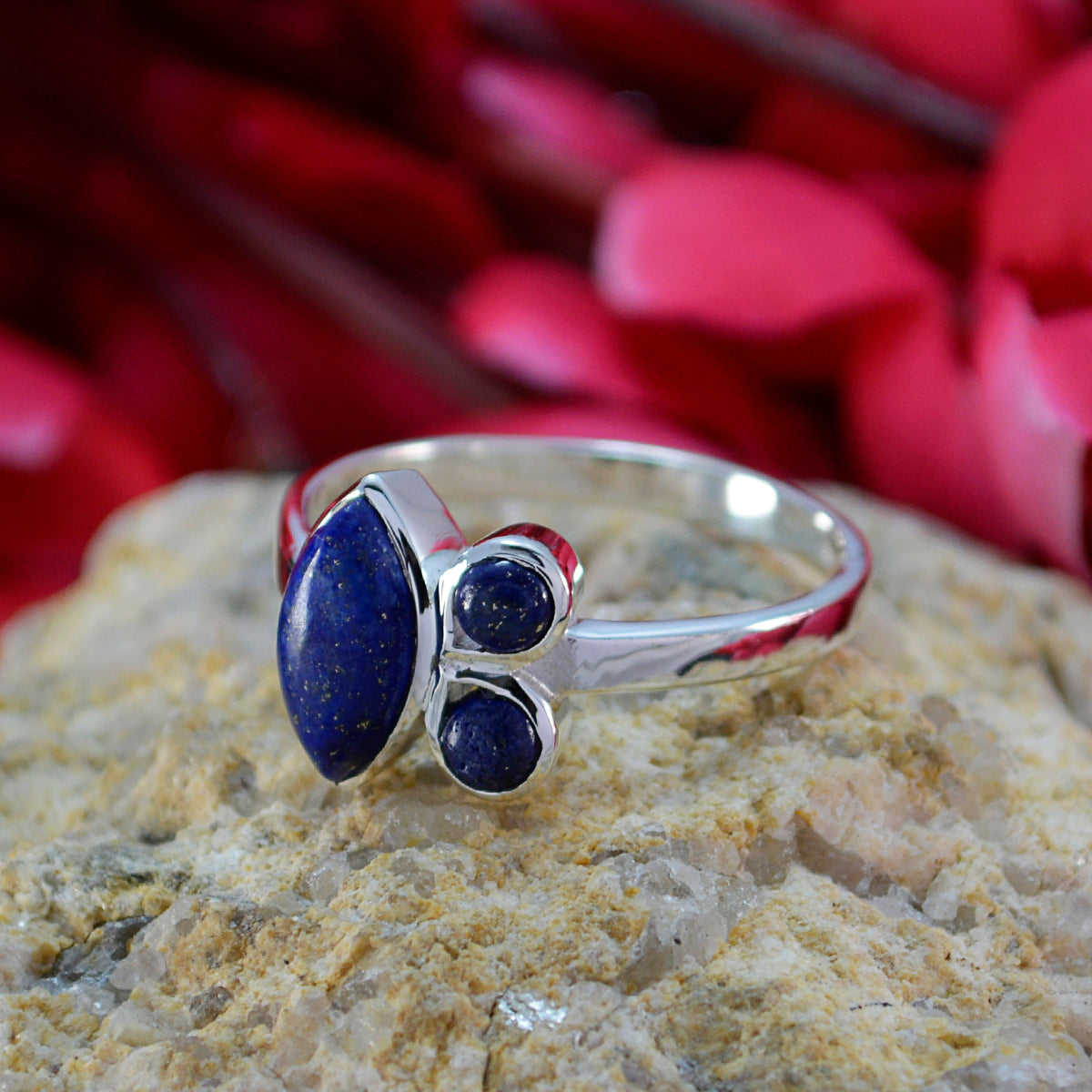 Lapis Lazuli Trilogy Egyptian Silver Blue Gemstone Slim Artisan Ring Jewelry