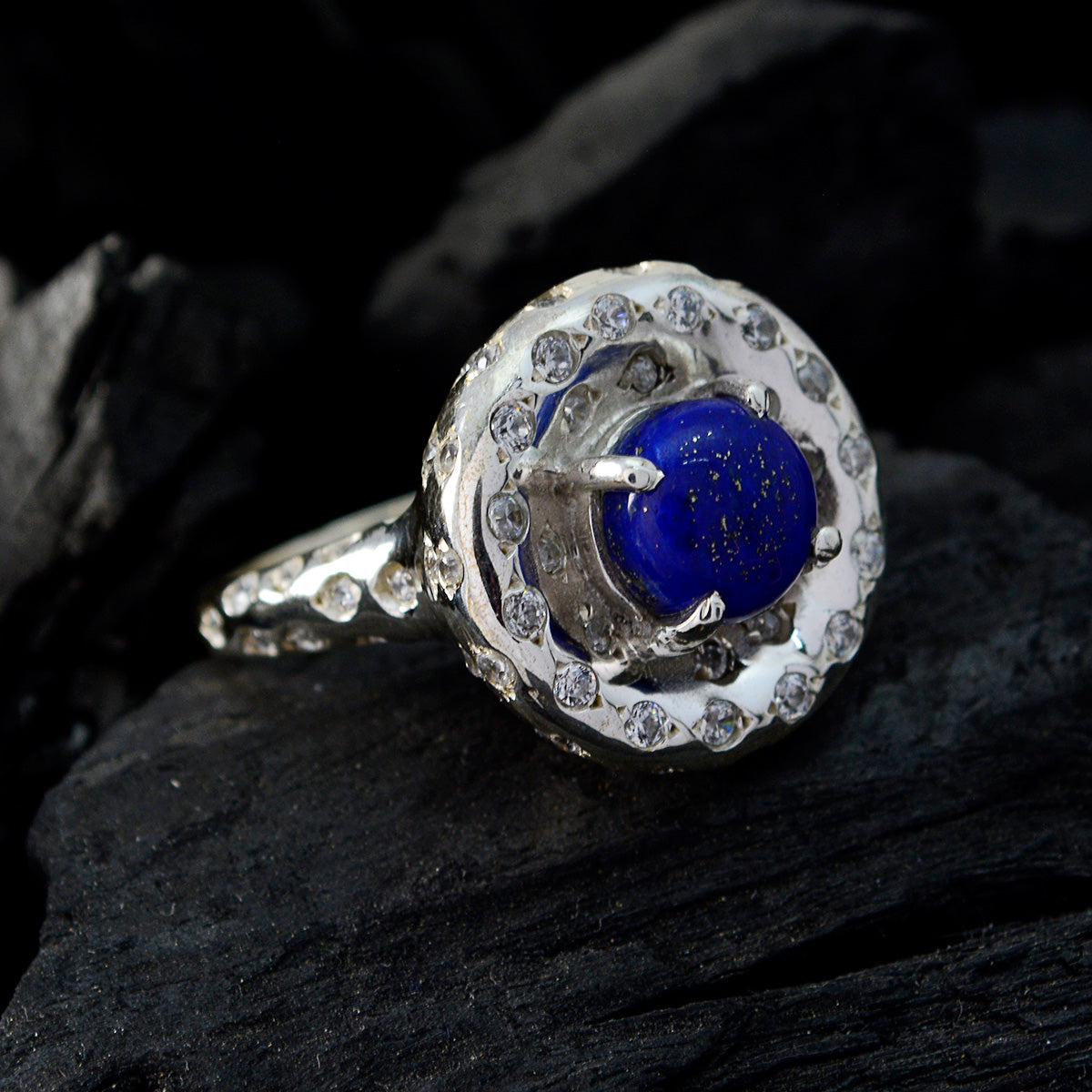 Lapis Lazuli Halo Egyptian 925 Sterling Silver Blue Gemstone Versatile Trendy Ring Jewellery