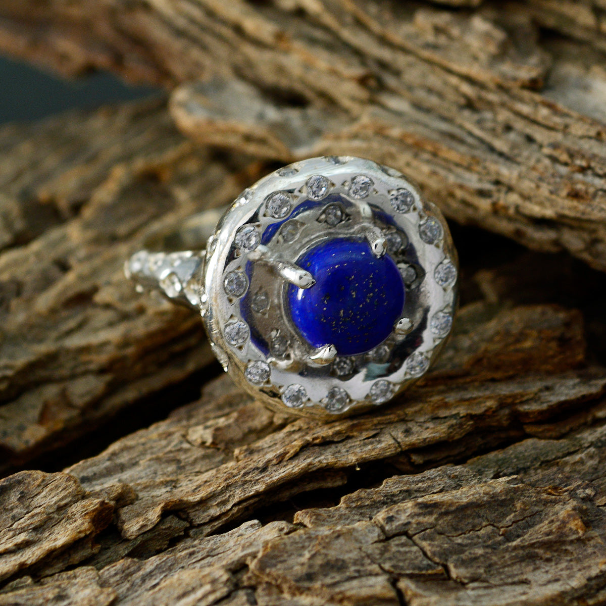 Lapis Lazuli Halo Egyptian 925 Sterling Silver Blue Gemstone Versatile Trendy Ring Jewellery