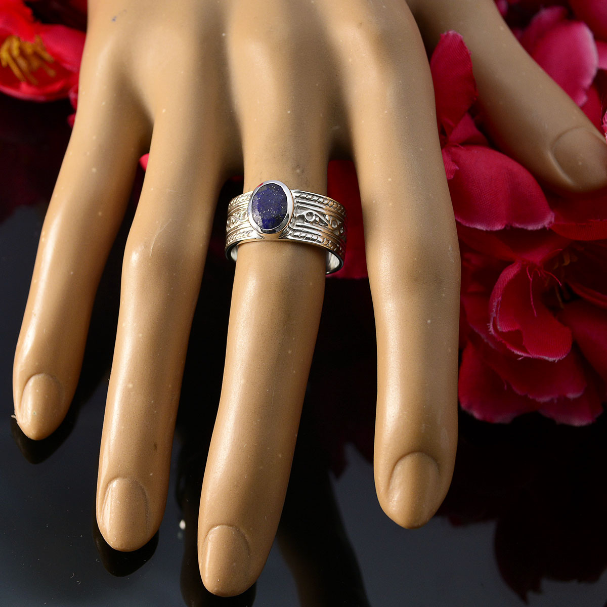 Lapis Lazuli Solitaire French 92.5 Silver Blue Gemstones Mid weight Art Deco Ring Jewellery