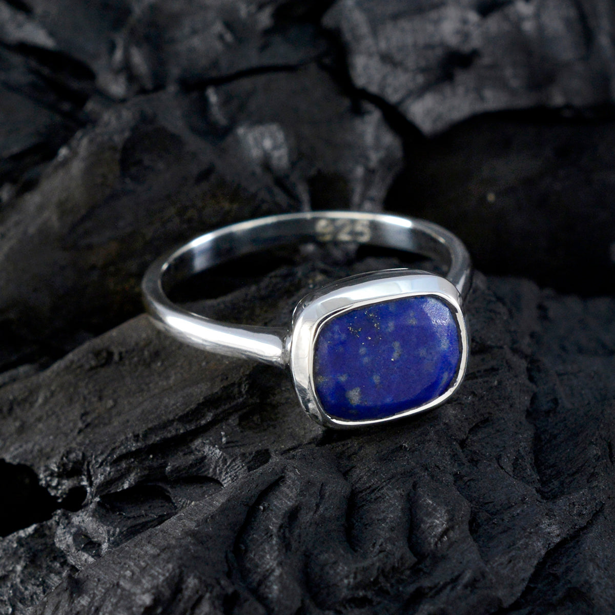 Lapis Lazuli Solitaire Egyptian Silver Blue Gemstones Slim Glamorous Ring Jewelry