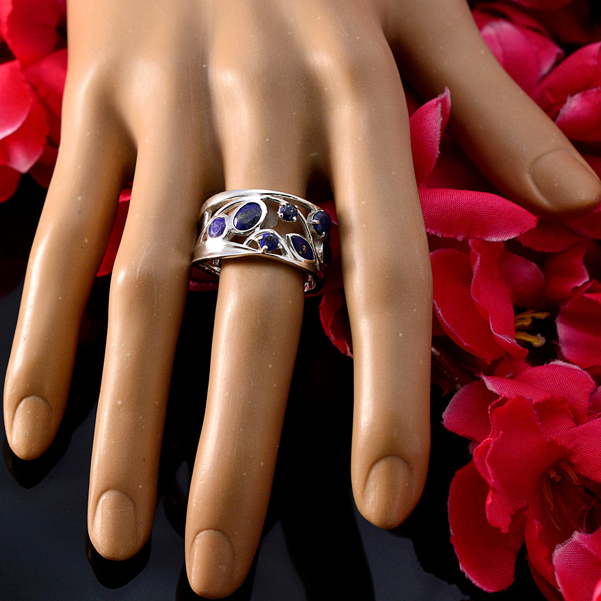 Lapis Lazuli Hepta Italian Silver Blue Gemstone Mid weight Filigree Ring Jewellery