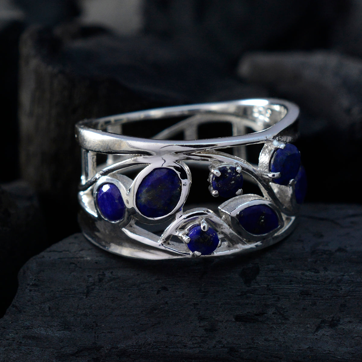 Lapis Lazuli Hepta Italian Silver Blue Gemstone Mid weight Filigree Ring Jewellery