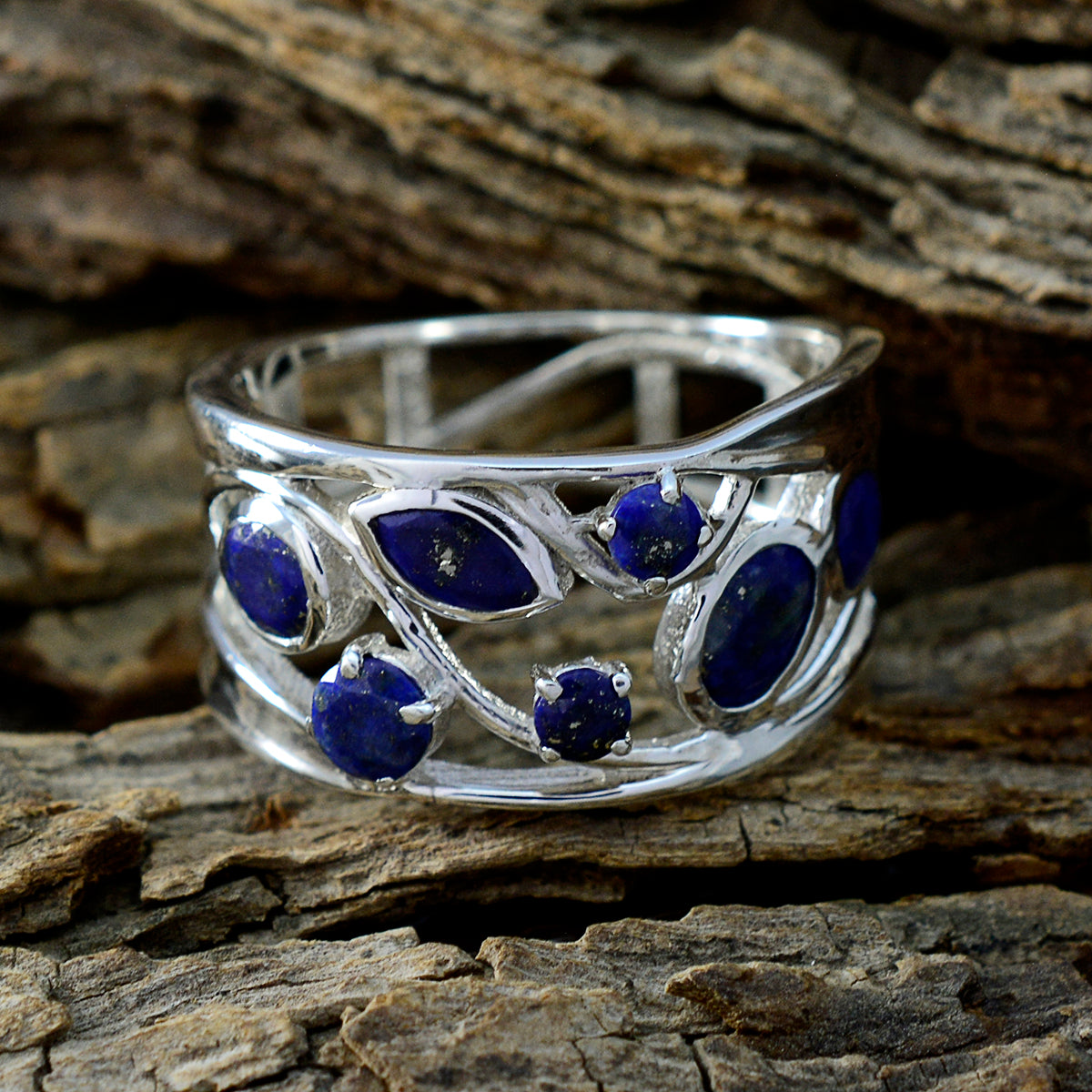 Lapis Lazuli Hepta Italian Silver Blue Gemstone Mid weight Filigree Ring Jewellery