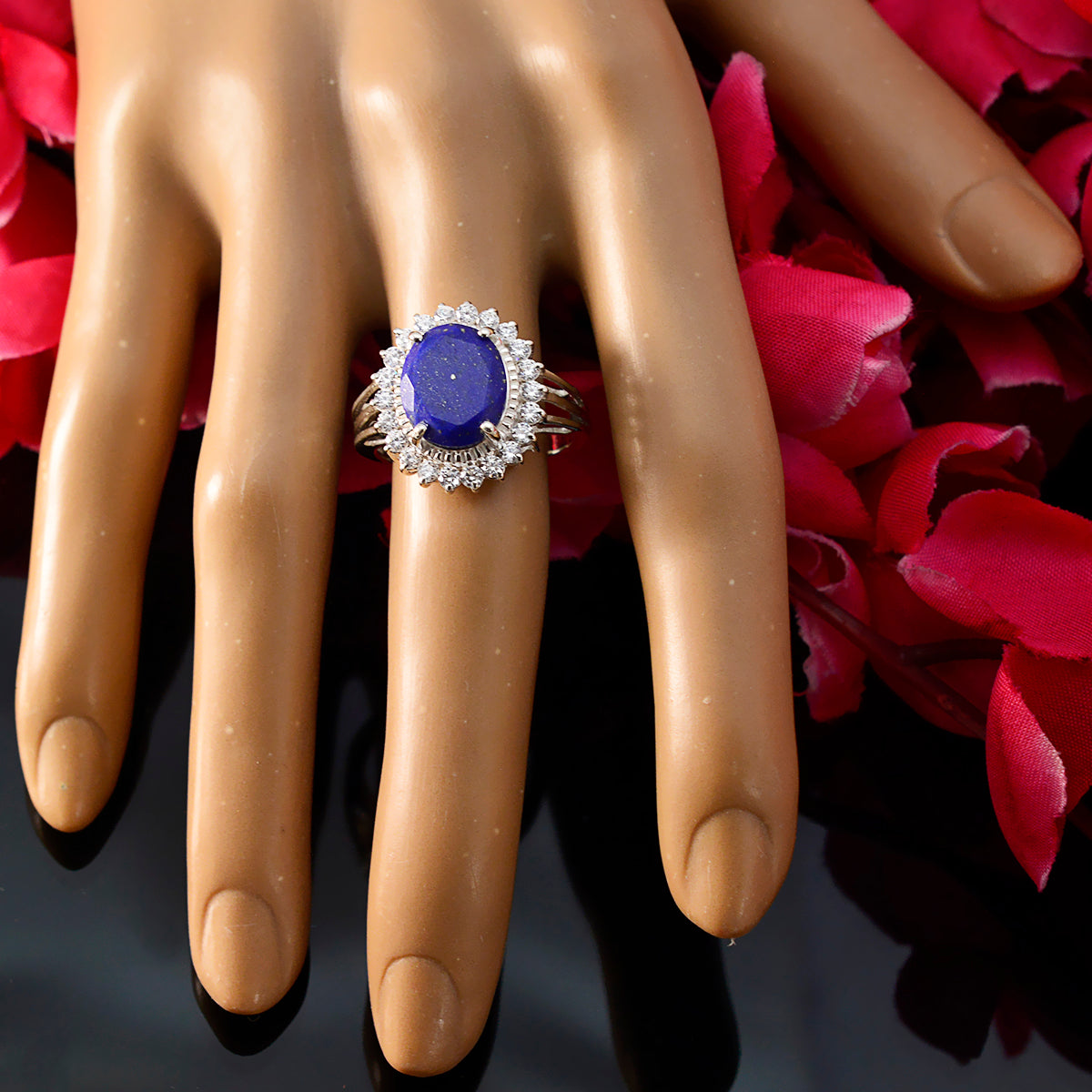 Lapis Lazuli Halo Indian 925 Sterling Silver Blue Gems Classic Signet Ring Jewelry