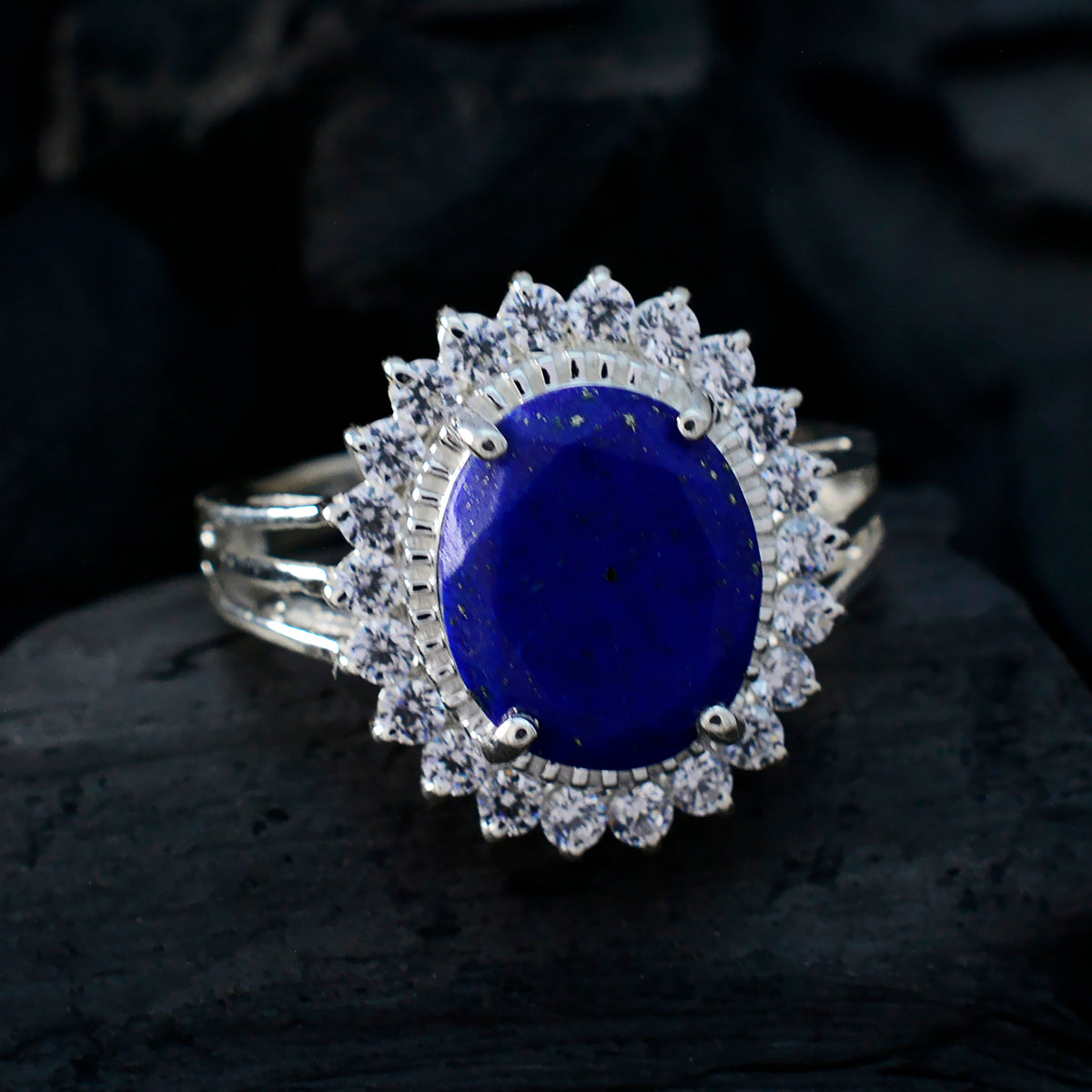 Lapis Lazuli Halo Indian 925 Sterling Silver Blue Gems Classic Signet Ring Jewelry