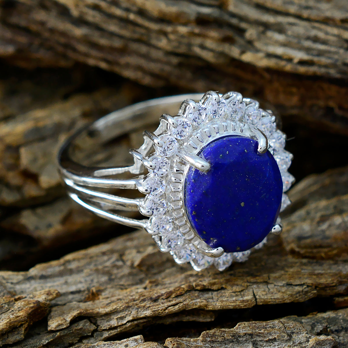 Lapis Lazuli Halo Indian 925 Sterling Silver Blue Gems Classic Signet Ring Jewelry