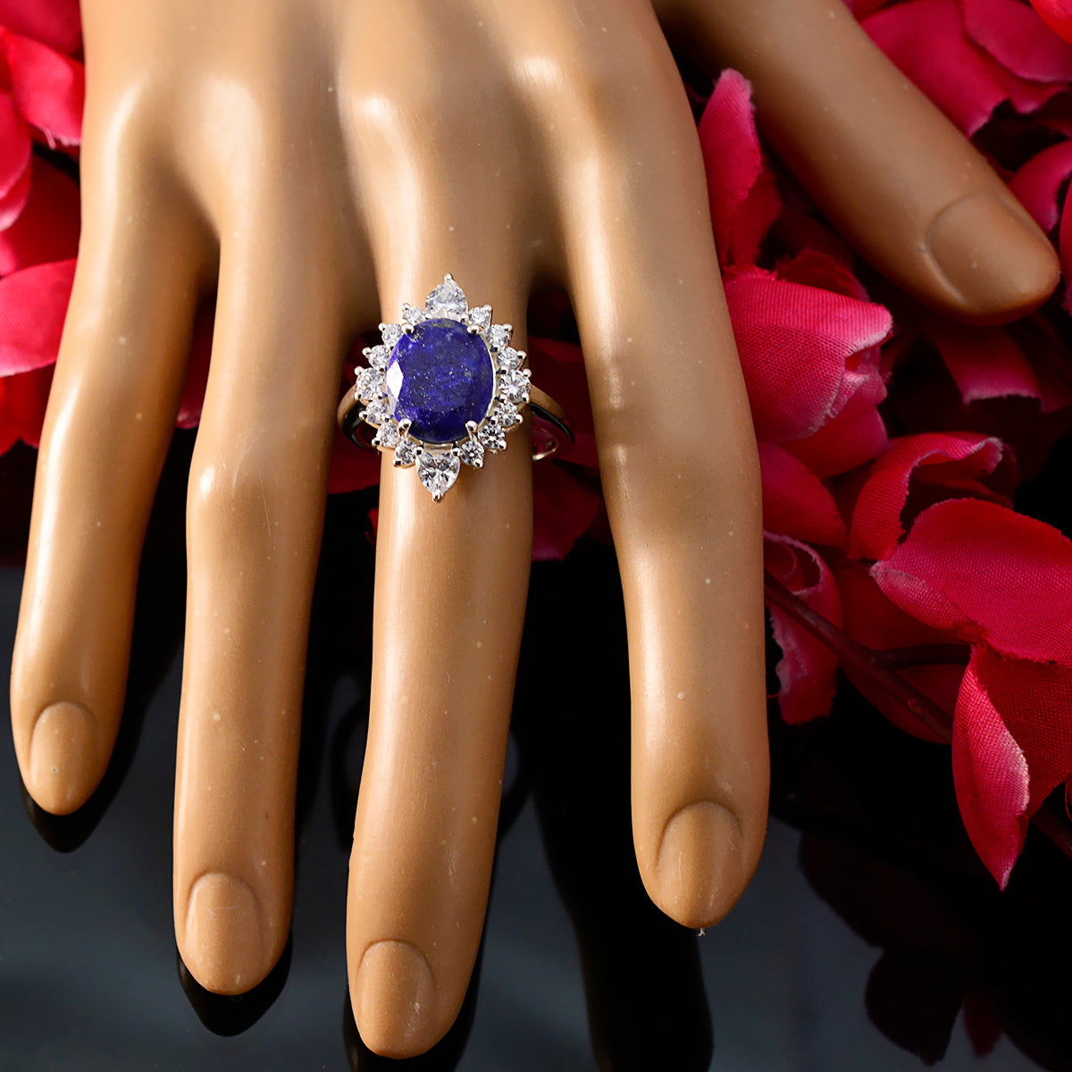 Lapis Lazuli Halo Moroccan Sterling Silver Blue Gems Eye catching Modern Ring Jewelry