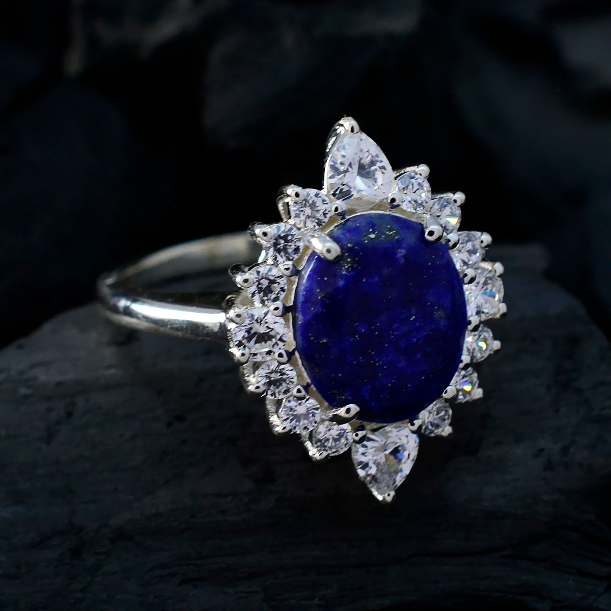 Lapis Lazuli Halo Moroccan Sterling Silver Blue Gems Eye catching Modern Ring Jewelry