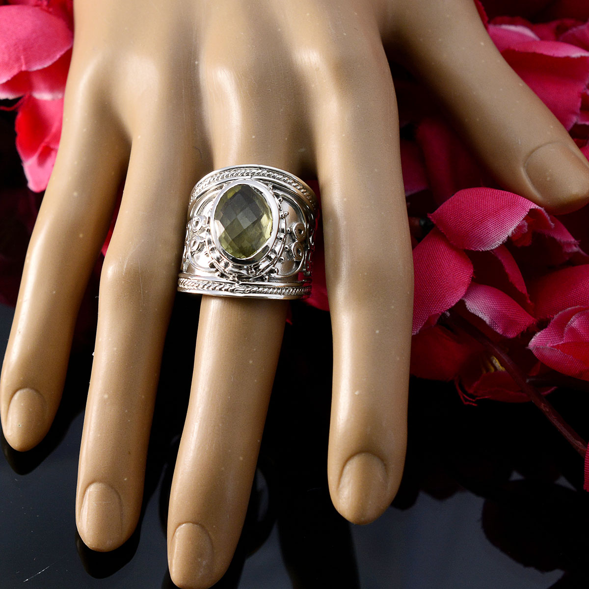 Lemon Quartz Solitaire Spanish 92.5 Silver Yellow Gems Chunky Armor Ring Jewellery