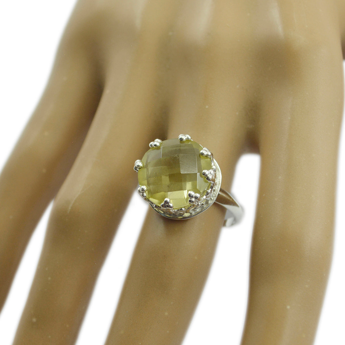 Lemon Quartz Solitaire German Silver Yellow Gemstone Classic Art Deco Ring Jewelry