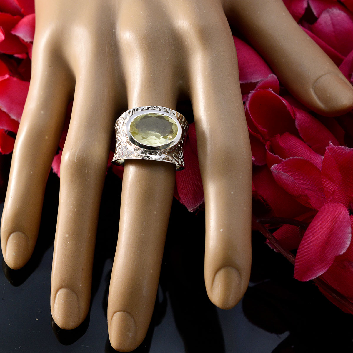 Lemon Quartz Solitaire French 92.5 Silver Yellow Gemstone Essential  engravings Ring Jewellery
