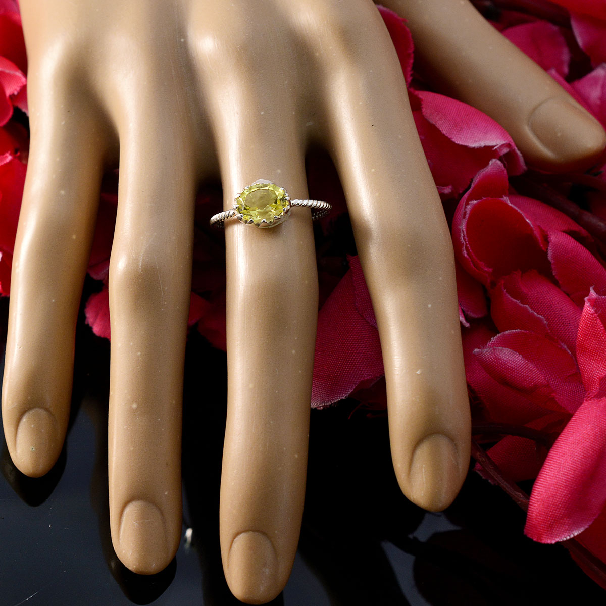 Lemon Quartz Solitaire American 925 Sterling Silver Yellow Gemstones Elegant  Twist Ring Jewelry
