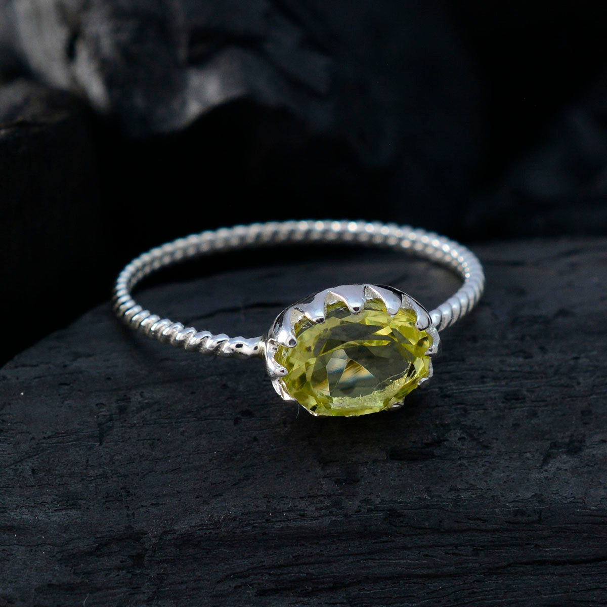 Lemon Quartz Solitaire American 925 Sterling Silver Yellow Gemstones Elegant  Twist Ring Jewelry