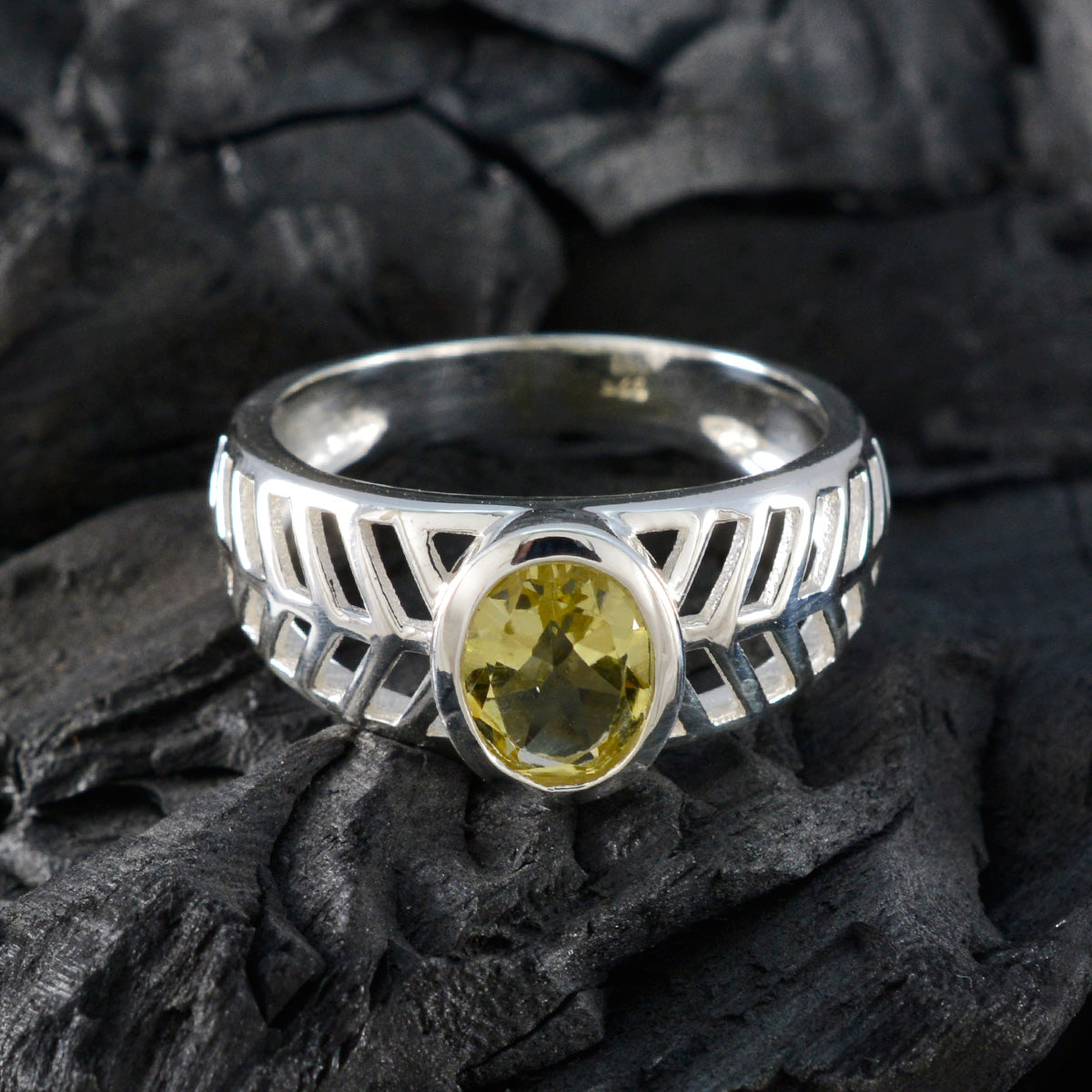 Lemon Quartz Solitaire French Sterling Silver Yellow Gemstone Minimal Art Deco Ring Jewellery