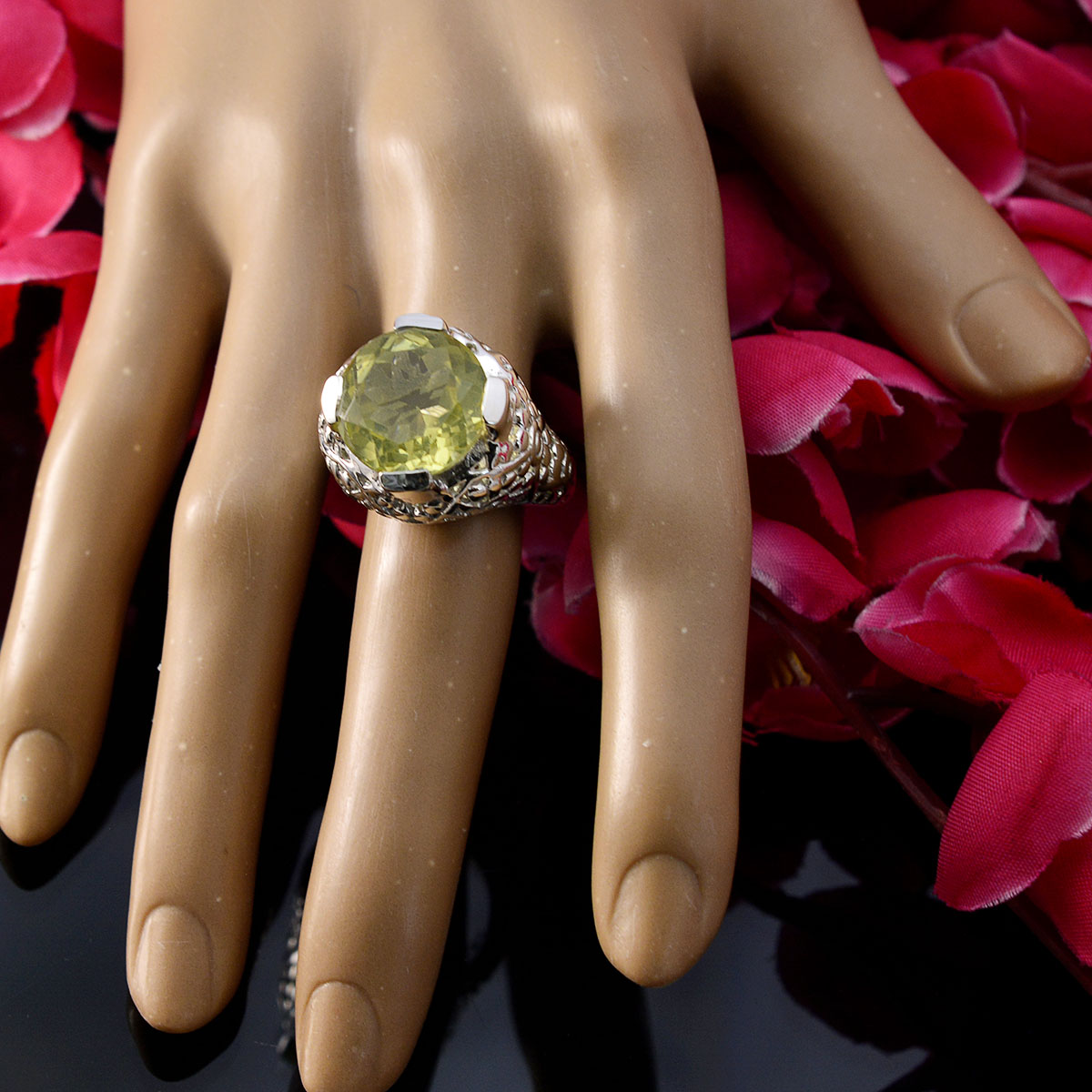 Lemon Quartz Solitaire Italian 92.5 Silver Yellow Gemstones Statement Filigree Ring Jewelry
